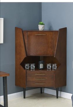 SEI Furniture Larson Corner Bar Cabinet – Dark Tobacco Finish – Mid-Century Modern