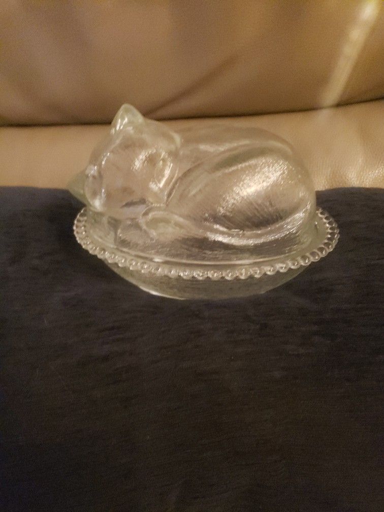 Adorable Sleeping Kitty Cat Glass Candy Dish