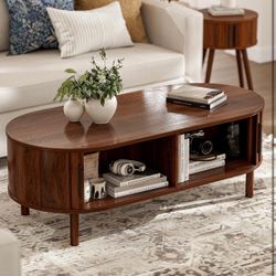 Walnut eOval Coffee Table with Sliding Doors Storage
