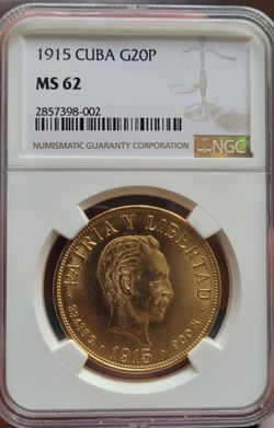 Cuba 1915 20 pesos Gold NGC MS62 wow