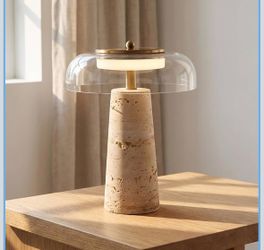 Travertine Lamp, Natural Stone Table Lamps with Glass Shade, 12W Mushroom Bedside Nightstand Light Decor for Bedroom Living Room Office Console Side E