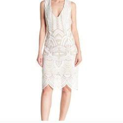 ABS Dress Women's Size 12 White & Nude Lace Midi Collection Sheath 