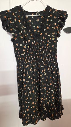 Black Floral Mini Dress with Lace Trim