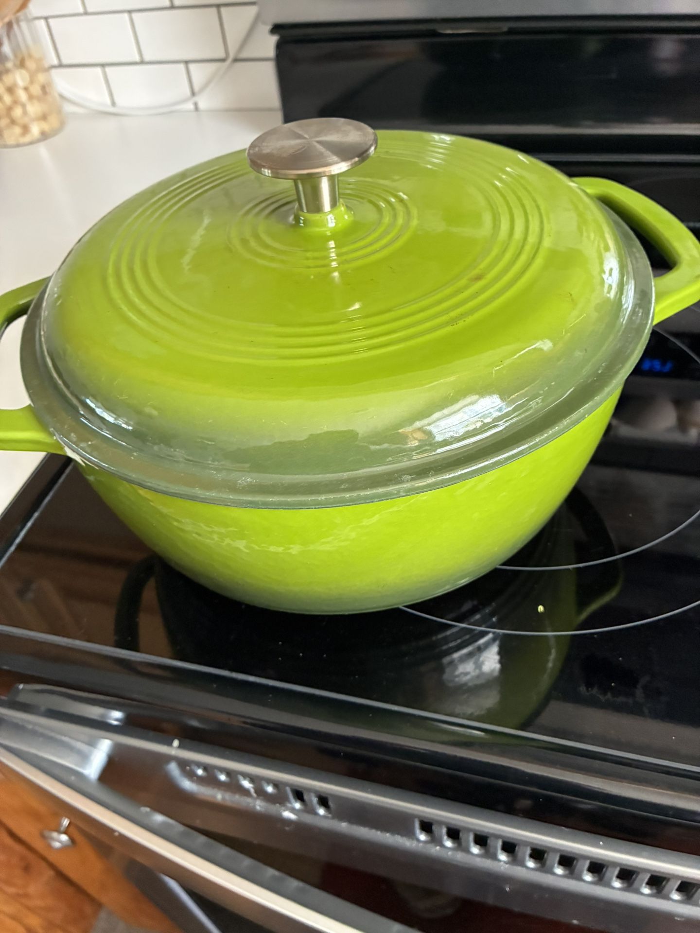 Iron Dutch Oven Pot with Lid, Enameled, Round, Dual Handles, Heavy-Duty, Small, 4.3-Quart, Green