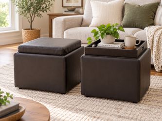 Set of 2 Rolling Storage Ottomans – Faux Leather with Reversible Tray Tops  $125 OBO – Pair