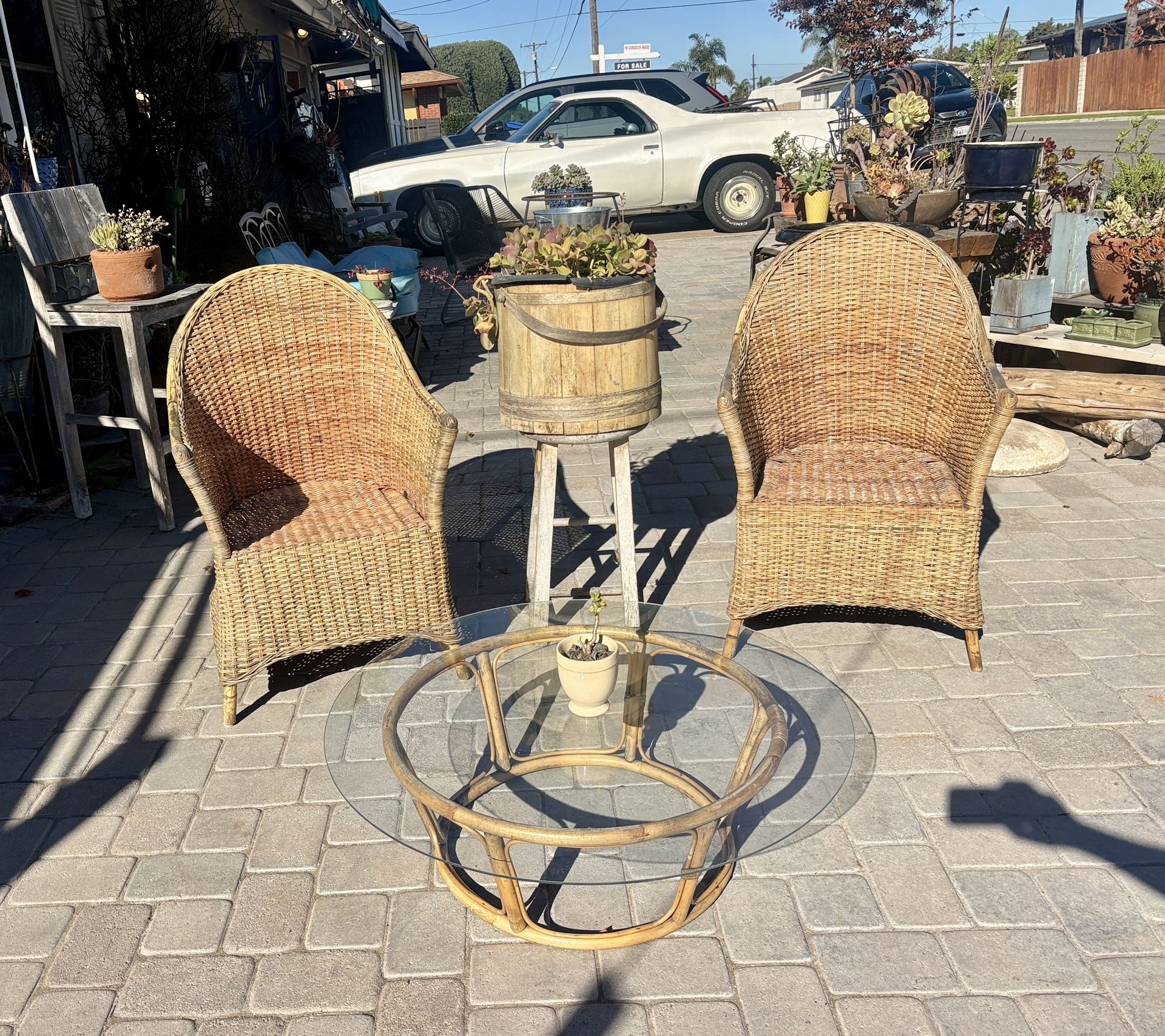 patio Furniture, Set Wicker, Two Chairs And Tea Table