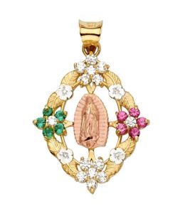Beautiful Cubic zirconia & colored stones Guadalupe (Virgin Mary) religious pendant 14K REAL YELLOW & ROSE GOLD. Description⬇️