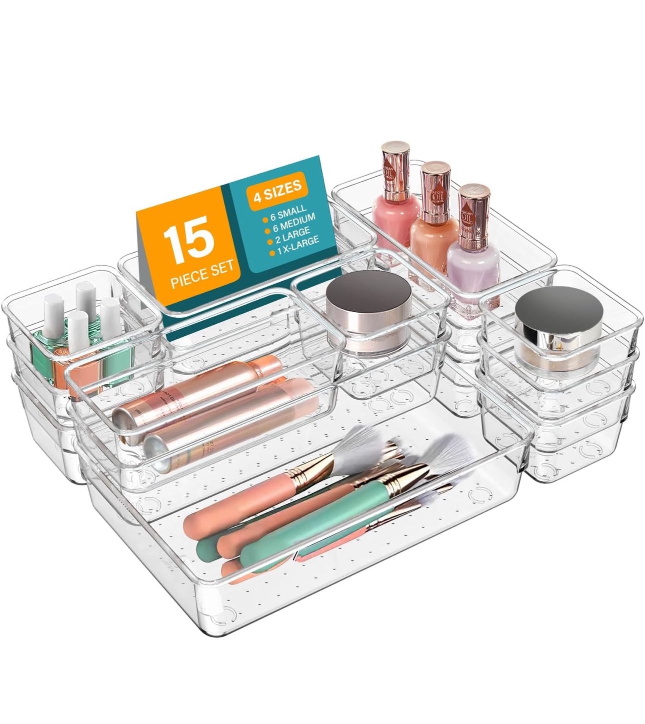 15 PCS Clear Plastic Drawer Organizers and Dividers, 4 Sizes Stackable Drawer Storage Bins and Organizer Trays for Bathroom, Kitchen, Office, Makeup,