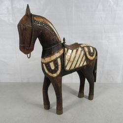 Horse Folk Art Hand Crafted & Brass Accents Vtg. Wood Sculpture 15"
