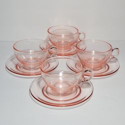 4 Pink Depression Glass Teacups and Saucers