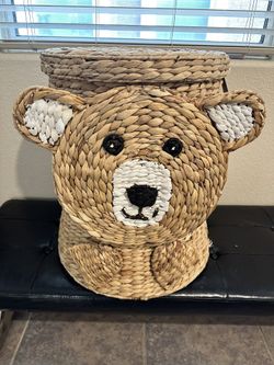 Natural Hyacinth Bear Buddy Basket With Lid