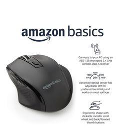 Amazon Basics Computer Mouse Wireless, Ergonomic, 2.4 GHz Optical, DPI Adjustable, Compatible With PC, Mac, Laptop, Black