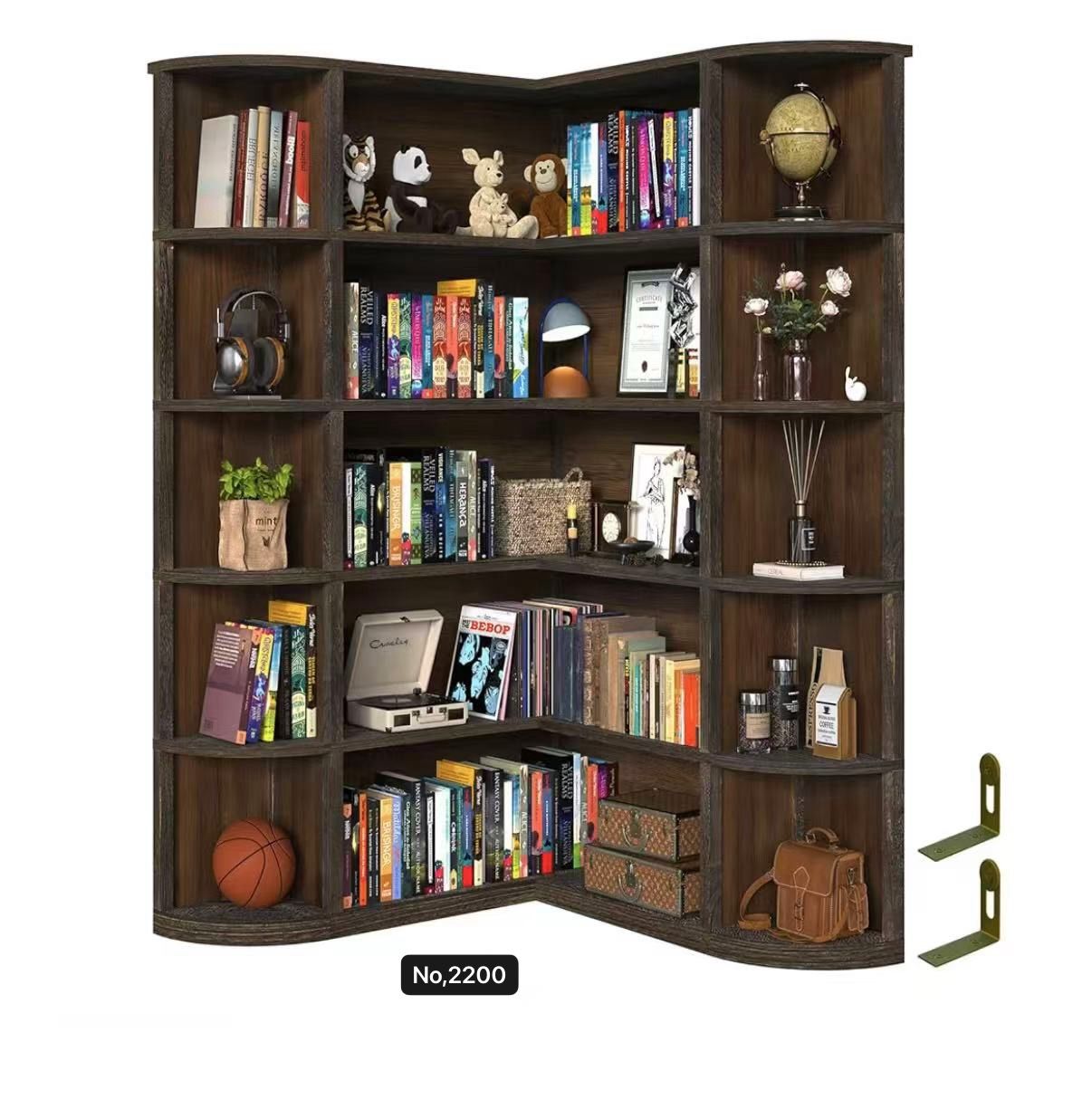 Corner Bookshelf, 5-Tier L-Shaped Farmhouse Display Shelf, 37.8" × 35.4" × 64.6", for Living Room Bedroom Study Office, Espresso