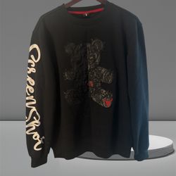 Men’s Large Black Sweater With Graphics On Sleeve And Bad Bear On Front 