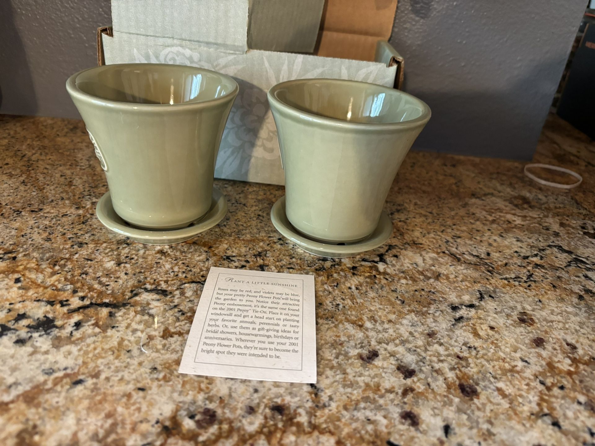 Longaberger NWT Vintage Pair Of Sage Green Peony Flower Pots And Saucers