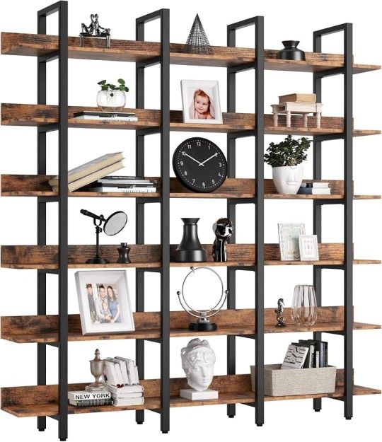 A431 Bookcase and Bookshelves Triple Wide 6 Tiers Large Open Shelves, Etagere Bookcases with Back Fence for Home Office Decor, Easy Assembly, Vi