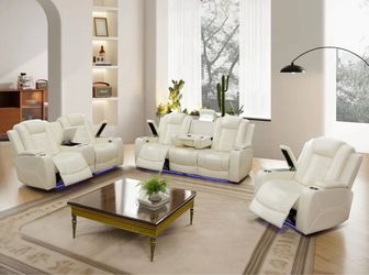 Power electric white leather fully reclining three piece couch set