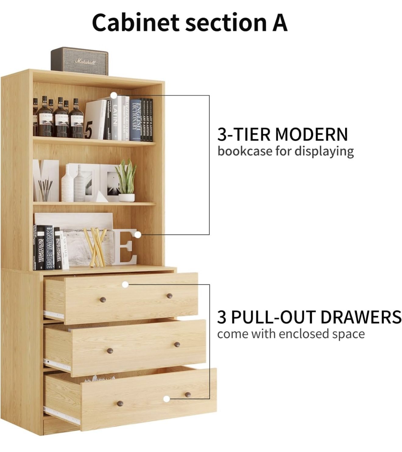 Oak 3-Tier Cabinet with Drawers – Bookshelf Organizer