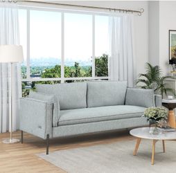 76.2" Sofa Modern 3 Seat Couch with Dual USB Charging Ports and Pillows, Linen Fabric Upholstered Couch Furniture for Living Room