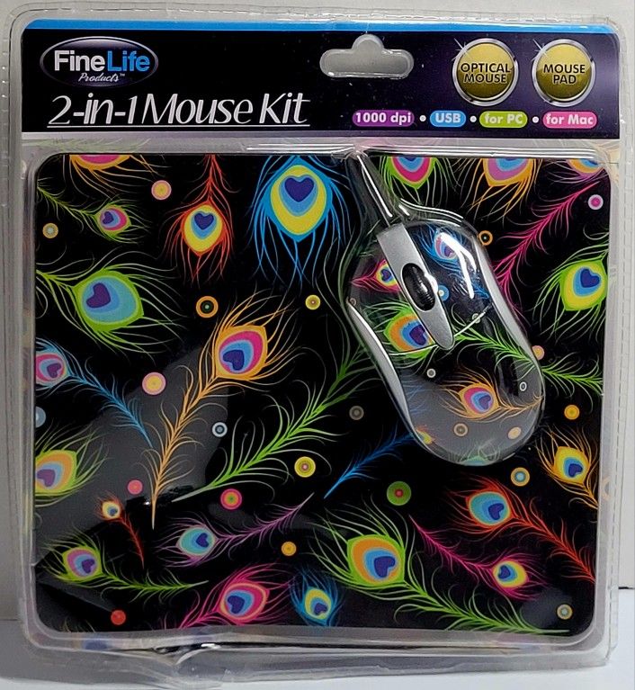 Fine Life Products 2-in-1 Mouse Kit Peacock Optical Mouse & Matching Mouse Pad New Sealed Plastic Packaging has damage. This image shows a Fine Life P