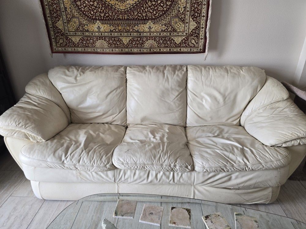 Cream Colored Leather Sofa & Loveseat For Sale!