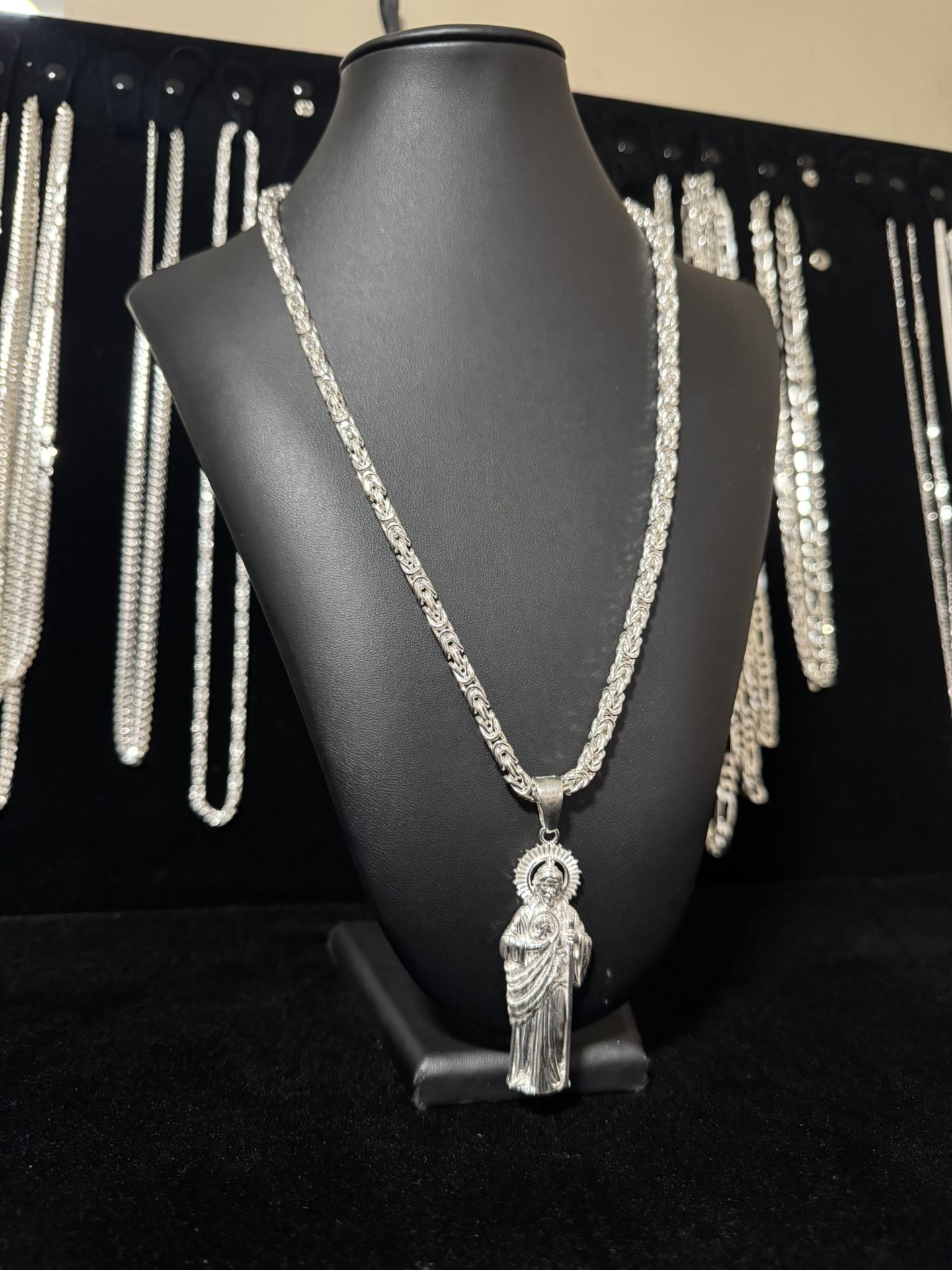 925 Italian silver Byzantine chain with San Judas pendant