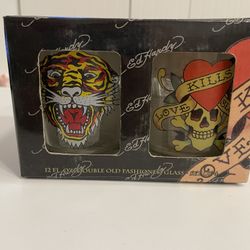 Vintage Ed Hardy 12 FL. OZ. Double Old Fashioned Glass - Set of 4