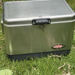 Vintage Coleman Stainless Steel Belted Cooler Ice Chest Model 6150 6155
