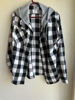 Black and white checkered flannel shirt with hood, size M