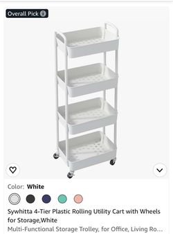 4-Tier Plastic Rolling Utility Cart with Wheels for Storage, White