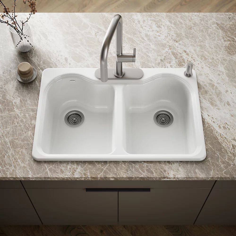 New KOHLER “Hartland” Drop-In ENAMELED CAST-IRON Kitchen Sink - DOUBLE BOWL 33 in. 4-Hole WHITE