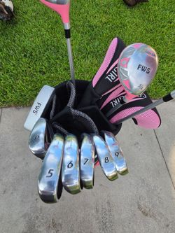 Golf Girl Fws2 complete golfing set, #5, 6,7,8,9 Iron, Driver, 3 Wood, Hybrid, Putter, Carry Bag, Rain Cover, Barbie Pink covers, petite golfer gear