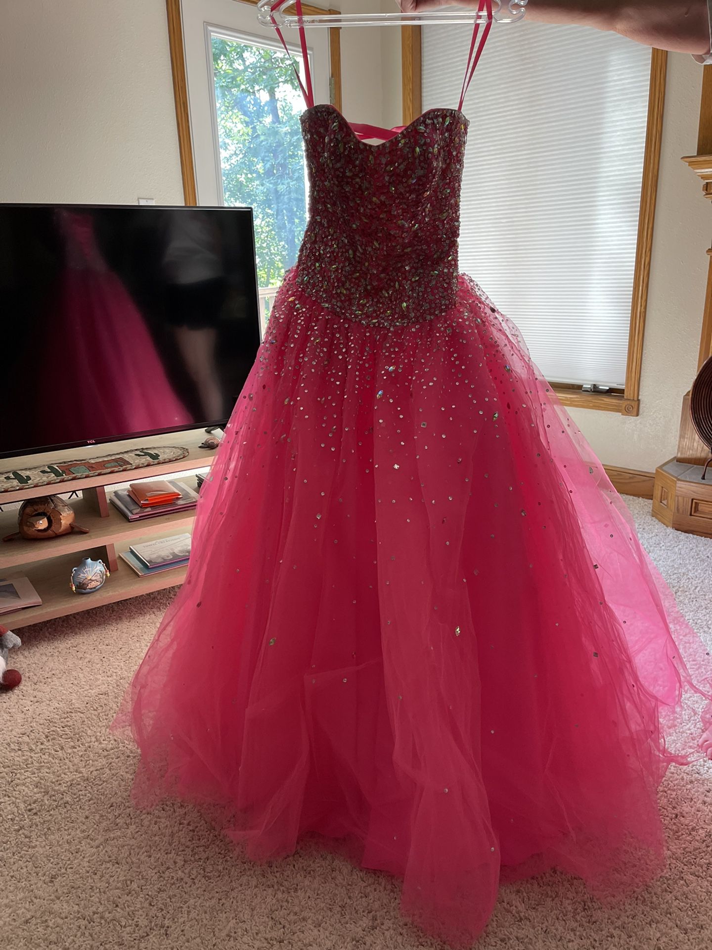 Mori Lee Rhinestoned Hot Pink Princess Prom  Dress