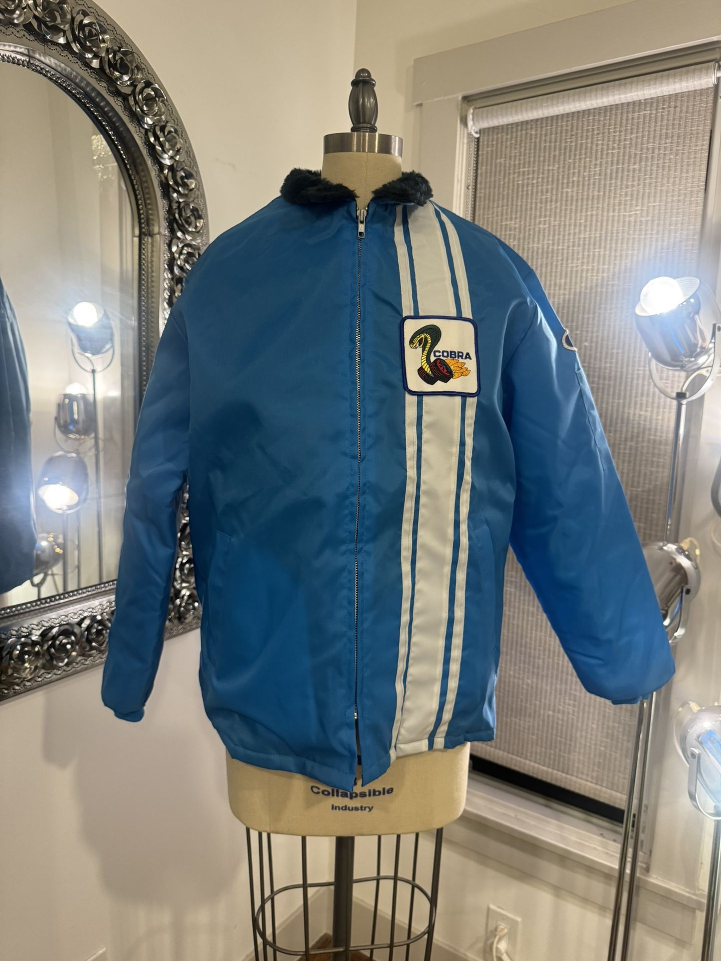 Vintage Men’s Ford Cobra Lined Racing Jacket Aqua Blue Color Size Small and Medium
