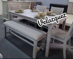 ✅️✅️ 6 pc light finish wood  dining table set padded seat chairs and bench ✅️✅️