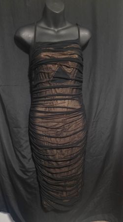 Black Mesh Overlay Bodycon Mini Dress Cutout Ruched Nude Lining Cami