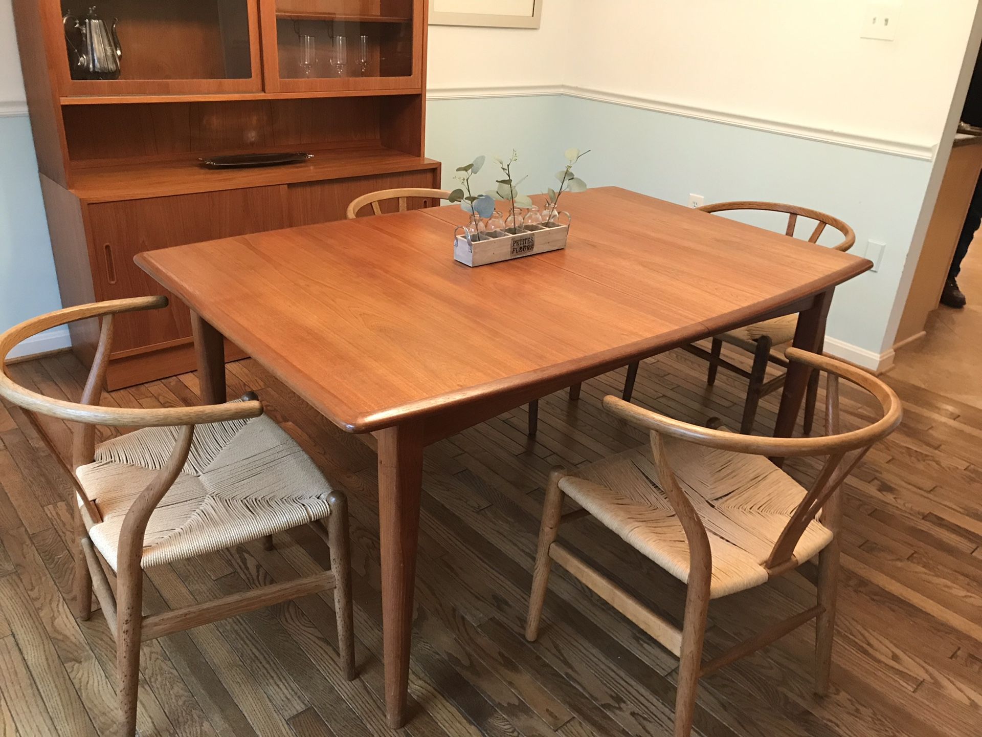 Mid-Century Dining Table and Hansen and Sons Wishbone Chairs