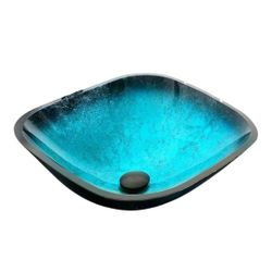Cameo Tempered Glass Square Vessel Sink in Turquoise with Pop Up Drain Set