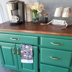 Custom Upcycled Coffee Bar / Accent Cabinet – Deep Green & Wood
