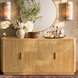 1831b  63" Fluted Sideboard Buffet Cabinet with Storage, Modern Credenza with Faux Marble Top, Curved Corners, Wood Boho Media TV Console Accent Cabin