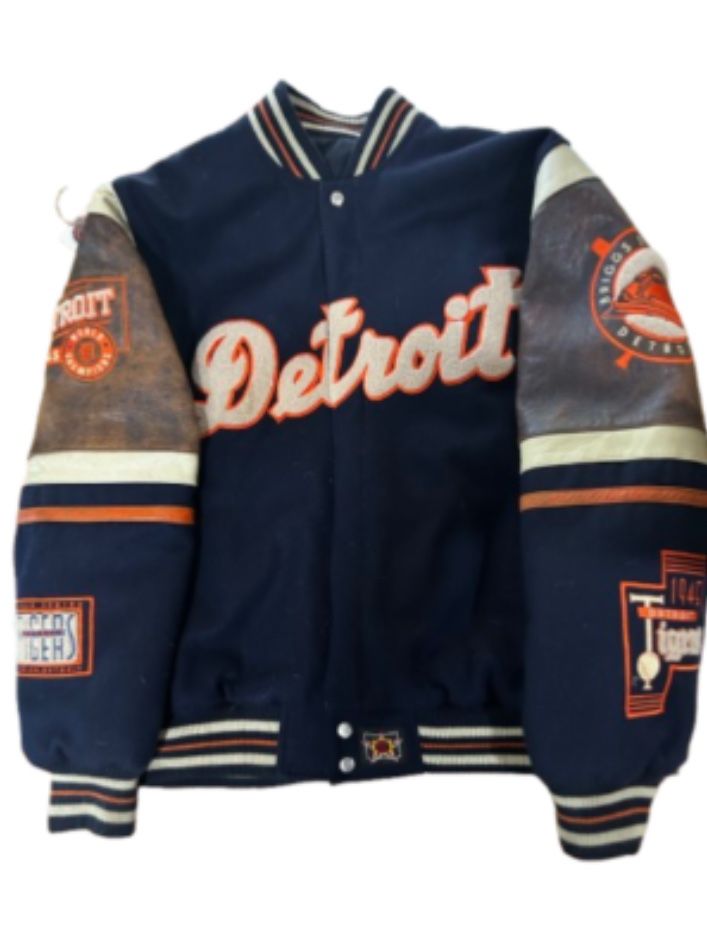 Vintage JH Design Detroit Tigers MLB Wool Body Distress Leather Sleeve Jacket 2XL