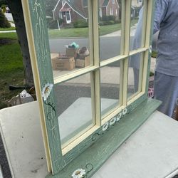 Antique Window Pane Mirror Shelf Hand  Painted 