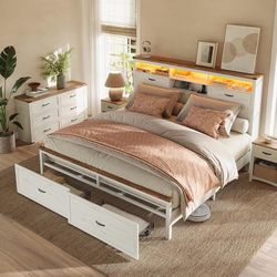 S18 $450  King Bed Frame, Storage Headboard, 4 Drawers, LED Lights