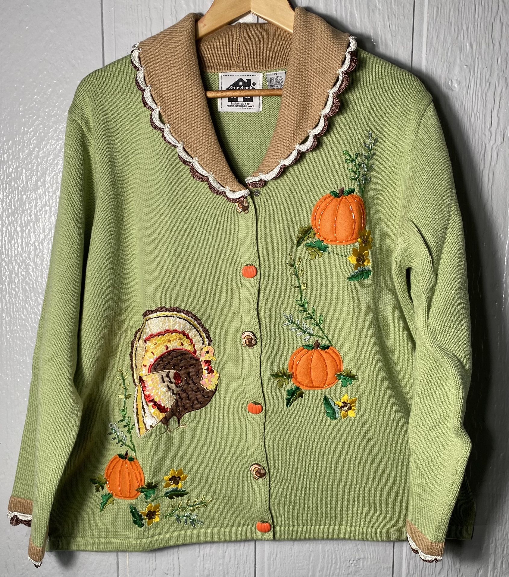 Storybook Knits Women's Cardigan Size 1X Thanksgiving Bounty Turkey Sweater
