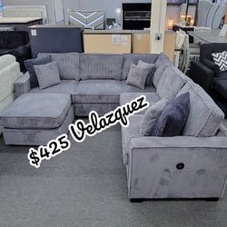✅️✅️4 pc dark grey corduroy fabric upholstered sectional sofa with USB plugs and ottoman✅️