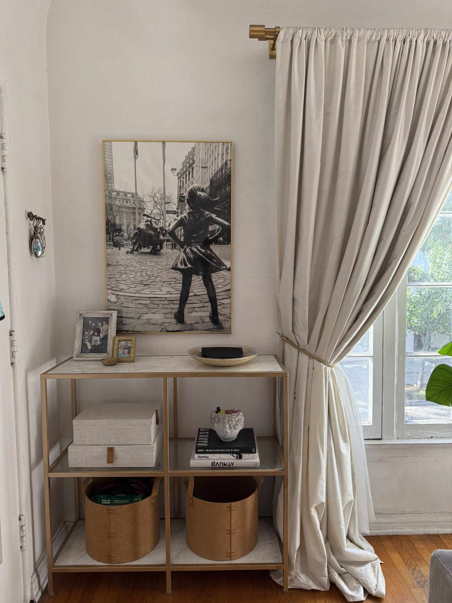 Gold Console Table,  Marble And Glass Shelf