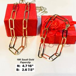 18k REAL  PURE SOLID PAWNABLE SAUDI GOLD CLIP PAPER CHAIN SET