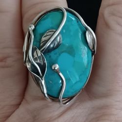 Vtg.Sterling Large Turquoise & Handmade LILY & Leaf Ring