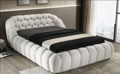 Brand New White Chenille Queen Platform Bed Frame (Available in Eastern King)