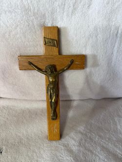 CRUCIFIJO ANTIGUO DE BRONCE Y MADERA